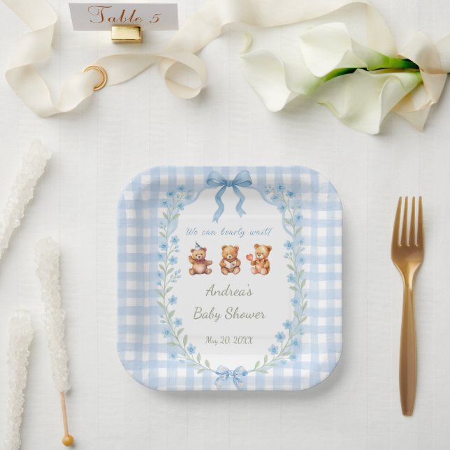 We Can Bearly Wait Blue Gingham Baby Shower  Paper Plates (Wedding)