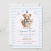 We can bearly wait Blue Gingham Bear Baby Shower