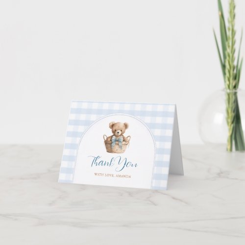 We can bearly wait Blue Gingham Bear Baby Shower Thank You Card