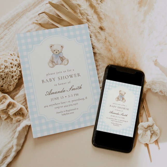 We Can Bearly Wait Blue Gingham Teddy Bear Baby Invitation (Creator Uploaded)