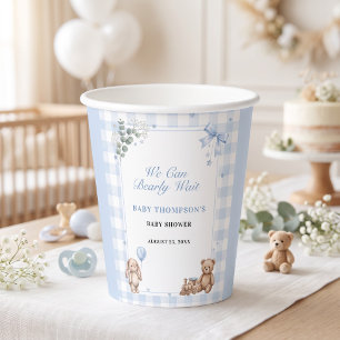 We Can Bearly Wait Blue Gingham Teddy Bear Paper Cups