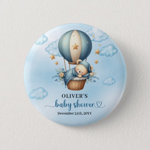 We can bearly wait blue ivory hot air balloon boy button
