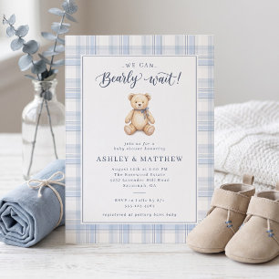 We Can Bearly Wait Blue Plaid Boy Baby Shower Invitation