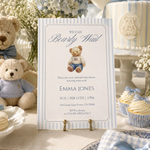 We Can Bearly Wait Blue stripe pattern shower Invitation