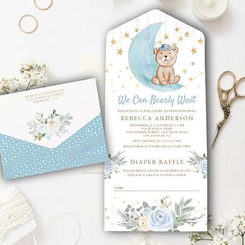 We Can Bearly Wait Blue Teddy Bear Baby Shower All In One Invitation