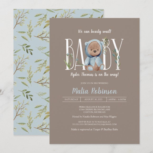 We Can Bearly Wait! Blue Teddy Bear Baby Shower In Invitation (Front/Back)