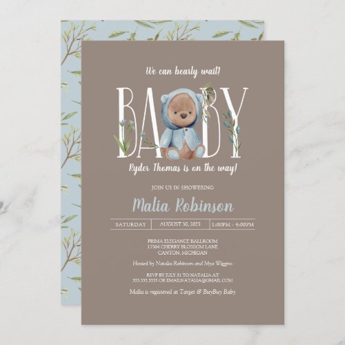 We Can Bearly Wait Blue Teddy Bear Baby Shower In Invitation
