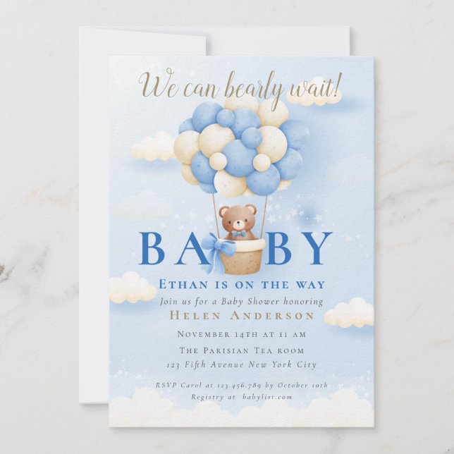 We can Bearly Wait Blue Teddy Bear Baby Shower Inv Invitation (Front)