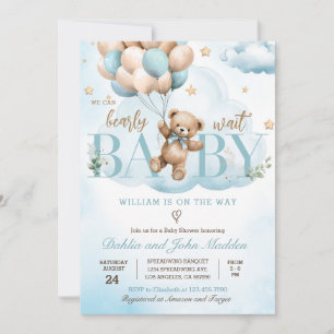 We Can Bearly Wait Blue Teddy Bear Baby Shower Invitation