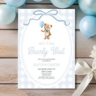 We Can Bearly Wait Blue Teddy Bear Baby Shower Invitation