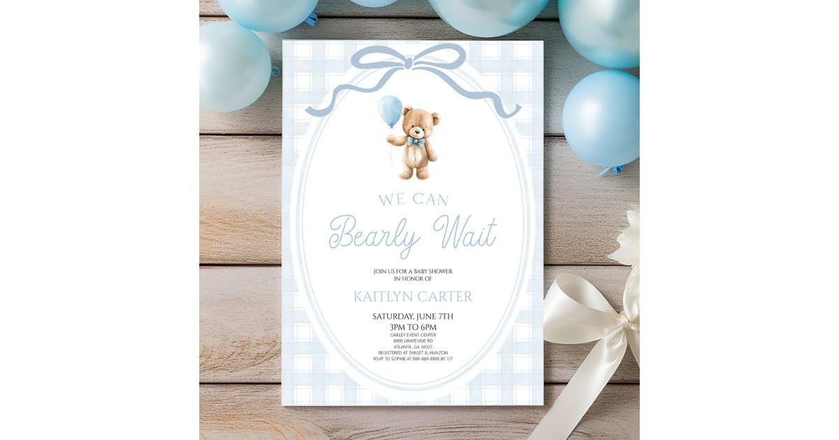 We Can Bearly Wait Blue Teddy Bear Baby Shower Invitation | Zazzle