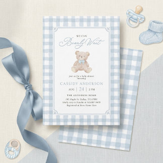 We Can Bearly Wait Blue Teddy Bear Baby Shower  Invitation