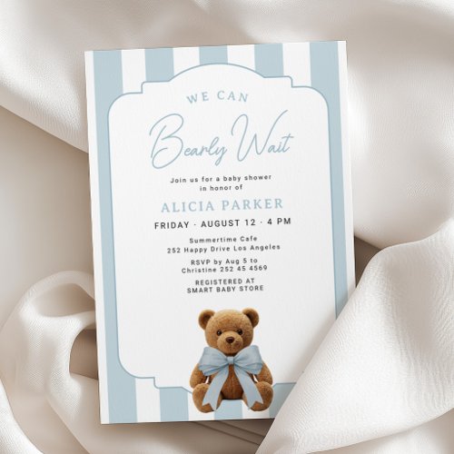 We can bearly wait blue teddy bear baby shower invitation