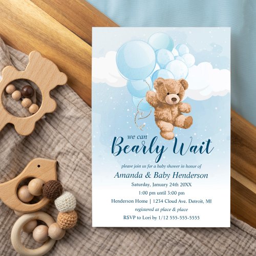 We can Bearly Wait Blue Teddy Bear Baby Shower Invitation