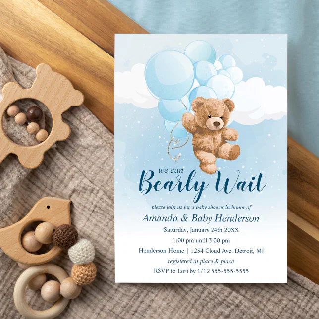 We can Bearly Wait Blue Teddy Bear Baby Shower Invitation | Zazzle