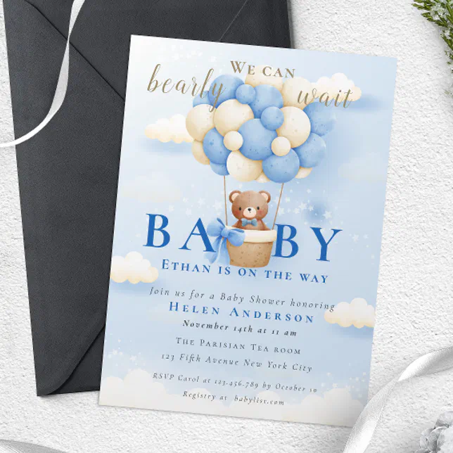 We can Bearly Wait Blue Teddy Bear Baby Shower Invitation | Zazzle