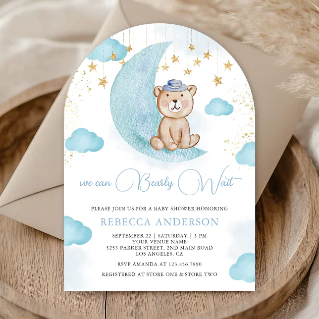 We Can Bearly Wait Blue Teddy Bear Baby Shower Invitation | Zazzle