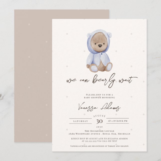 We Can Bearly Wait, Blue Teddy Bear Baby Shower Invitation (Front/Back)