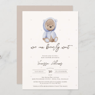 We Can Bearly Wait, Blue Teddy Bear Baby Shower Invitation