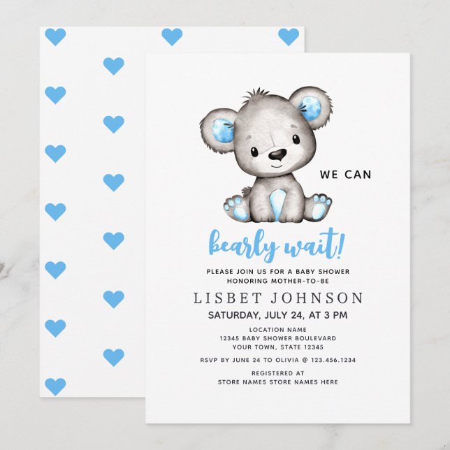 We Can Bearly Wait Blue Teddy Bear Baby Shower Invitation (Front/Back)