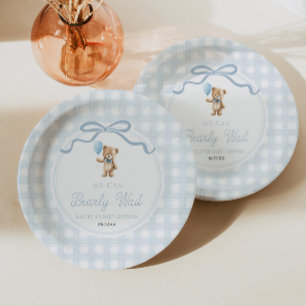 We Can Bearly Wait Blue Teddy Bear Baby Shower Paper Plates
