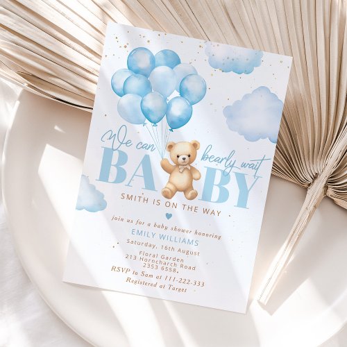 We can bearly wait blue teddy bear balloon  invitation