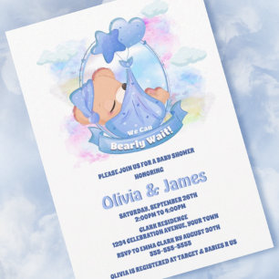 We Can Bearly Wait Blue Teddy Bear Balloons Invitation