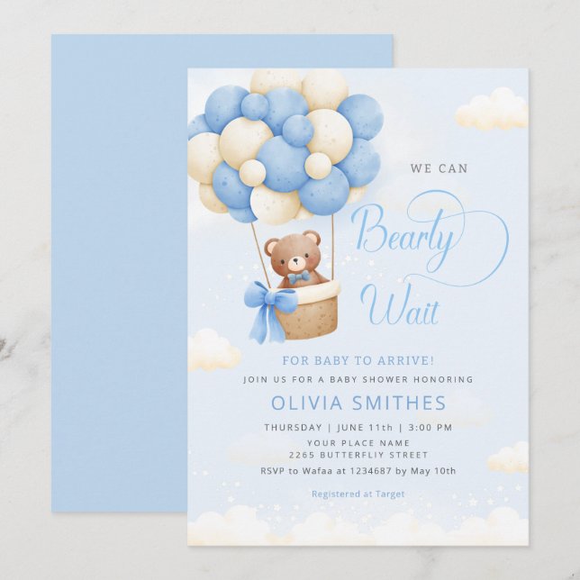 We can Bearly Wait Blue Teddy Bear Boy Baby Shower Invitation (Front/Back)