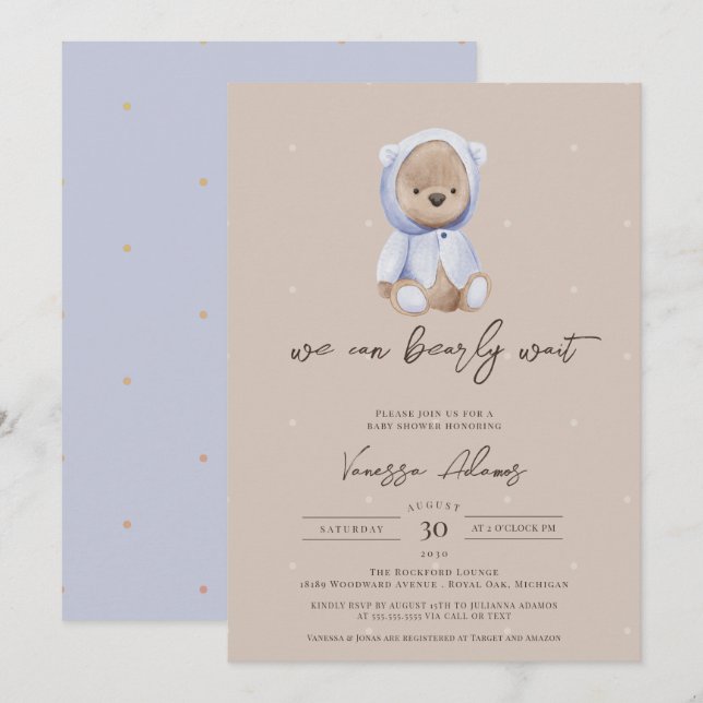 We Can Bearly Wait, Blue Teddy Bear Boy Shower Invitation (Front/Back)