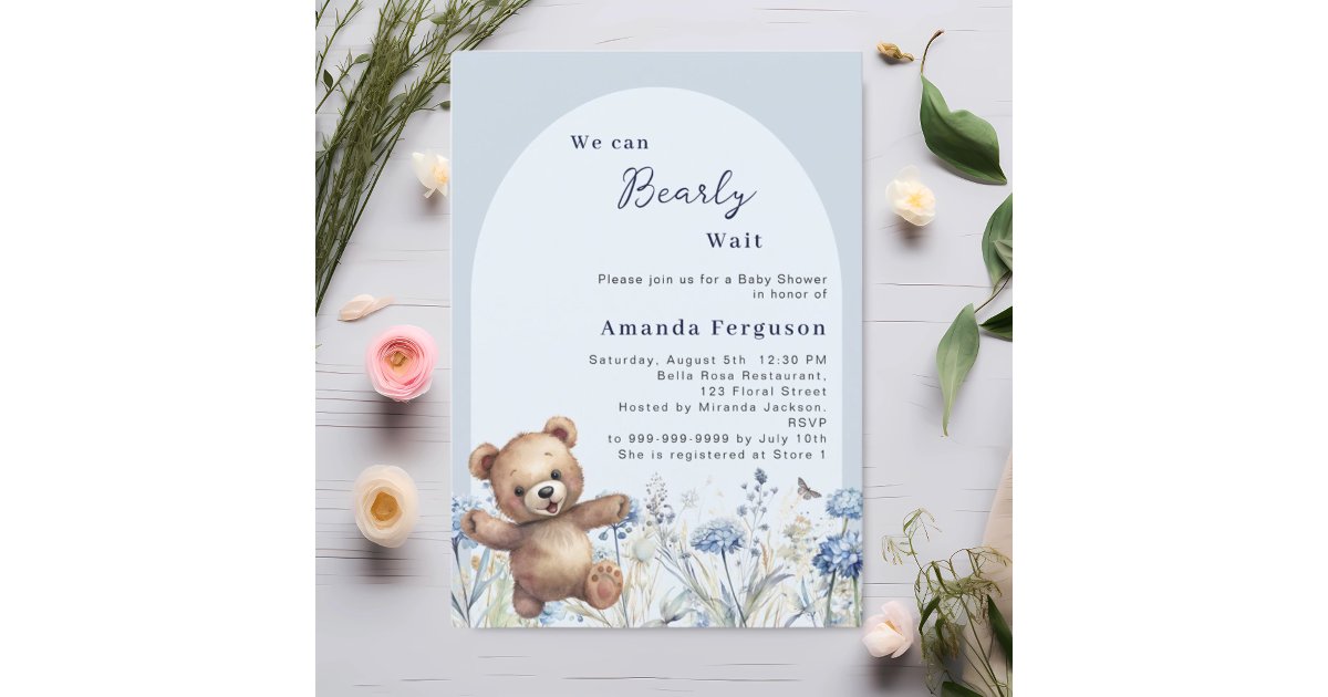 We can bearly wait blue teddy boy Baby Shower Invitation | Zazzle