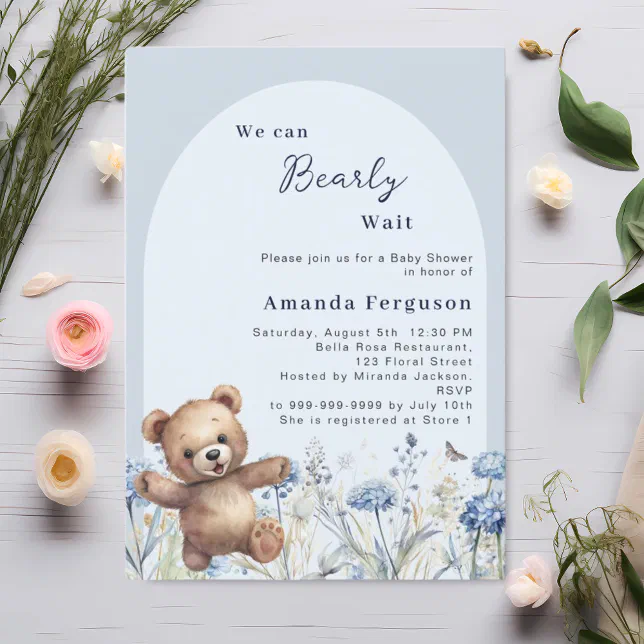 We can bearly wait blue teddy boy Baby Shower Invitation | Zazzle