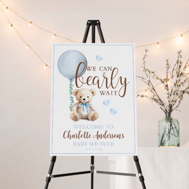 We Can Bearly Wait Blue Teddy Shower Sign (In Situ (Stand))