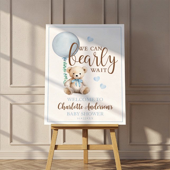 We Can Bearly Wait Blue Teddy Shower Sign (baby shower welcome sign)