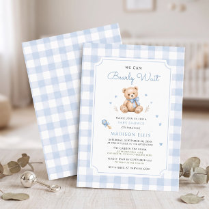 We Can Bearly Wait Blue Watercolor Bear Invitation