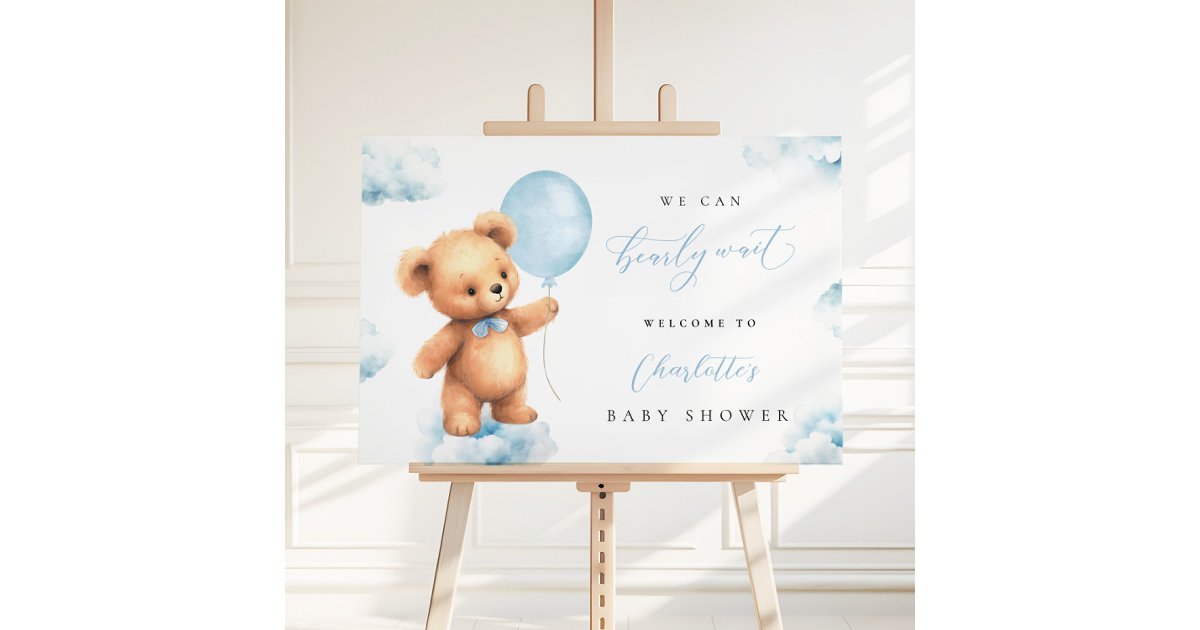 We Can Bearly Wait Blue Welcome Sign Baby Shower | Zazzle