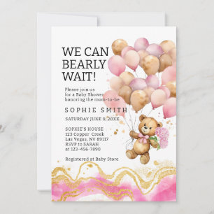 We Can Bearly Wait Blush Pink And Gold Abstract Invitation