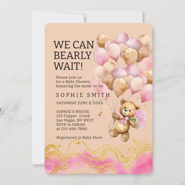 We Can Bearly Wait Blush Pink And Gold Abstract Invitation (Front)