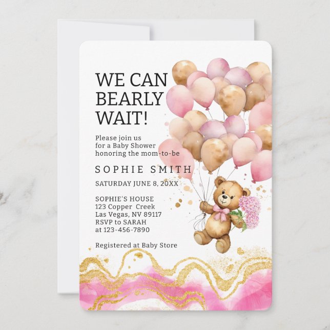 We Can Bearly Wait Blush Pink And Gold Abstract Invitation (Front)