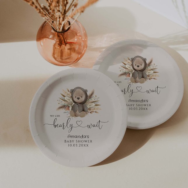 We Can Bearly Wait Boho Bear Baby Shower Paper Plates (Creator Uploaded)