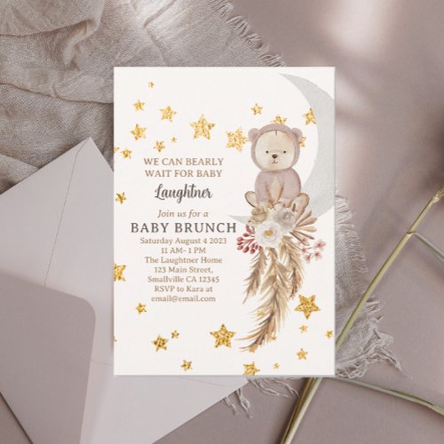 We Can Bearly Wait Boho Bear Moon Baby Brunch Invitation