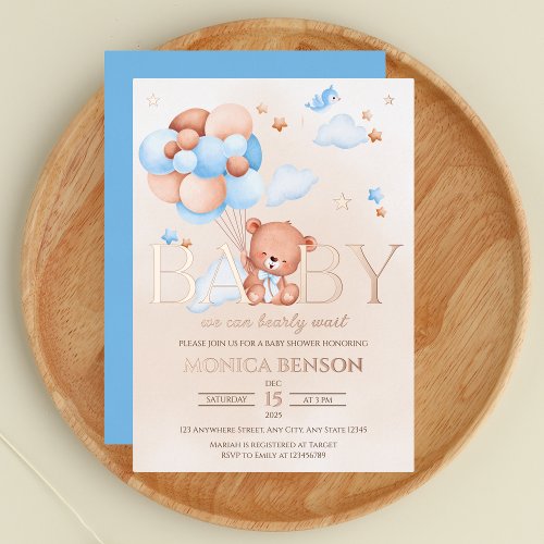 We Can Bearly Wait Boho Blue Beige Boy Baby shower Foil Invitation
