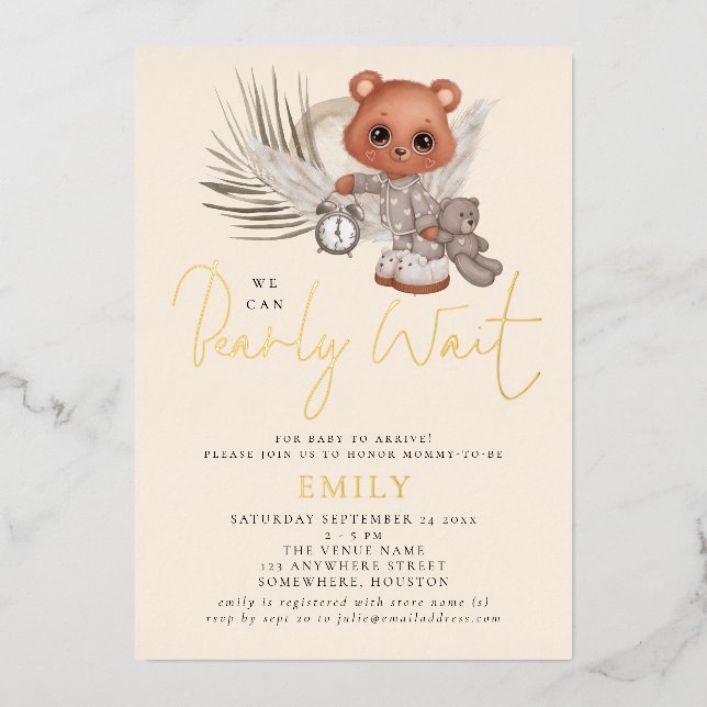 We Can Bearly Wait Boho Chic Baby Shower Luxury Foil Invitation (Front)