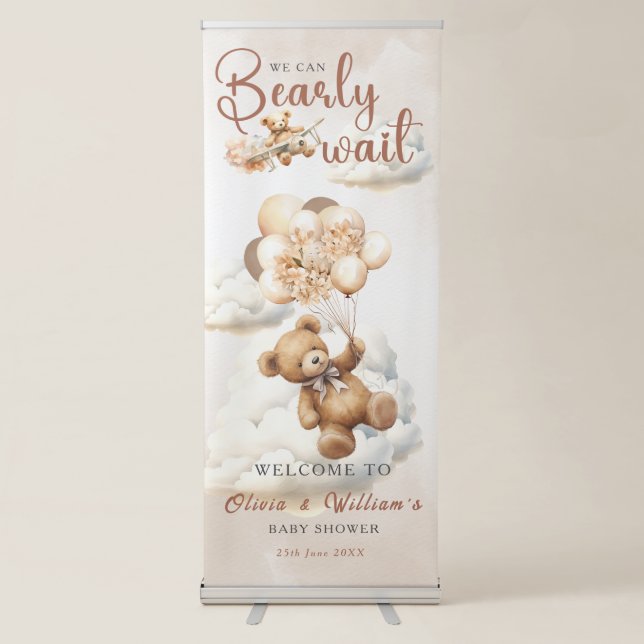 We Can Bearly Wait Boho Gender Neutral Baby Shower Retractable Banner (Front)