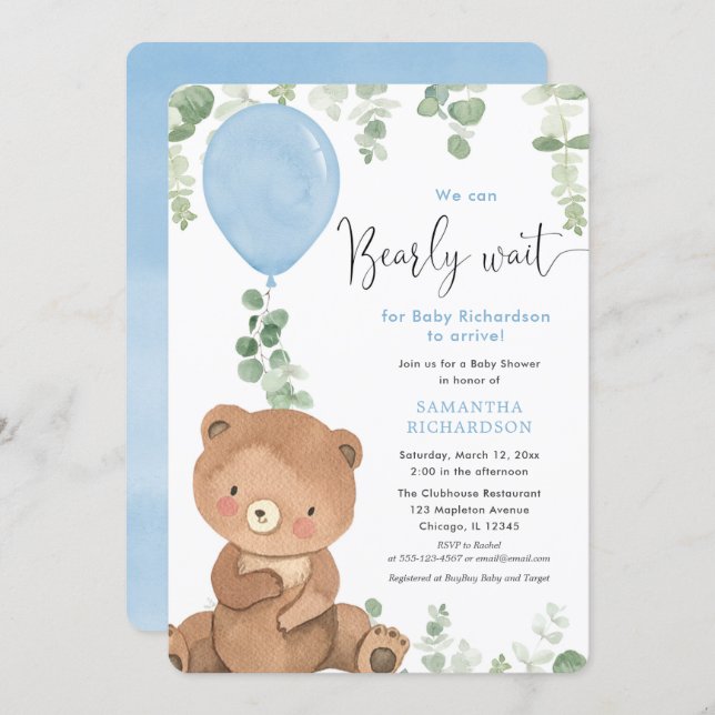 We can bearly wait boy baby shower balloon invitation (Front/Back)
