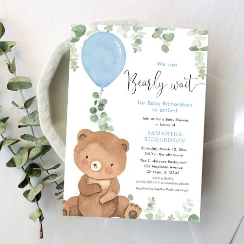 We can bearly wait boy baby shower balloon invitation