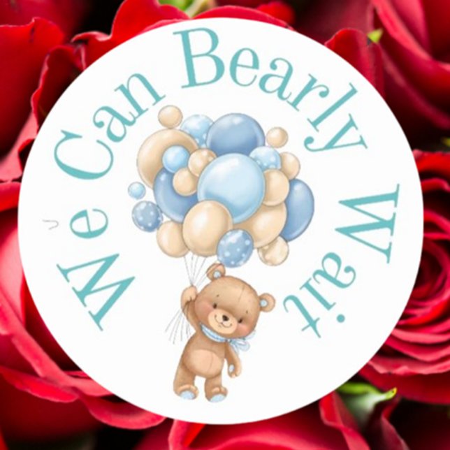 We can bearly wait Boy Baby Shower  Classic Round Sticker (Celebrate your baby boy with our charming "We can bearly wait" round stickers)