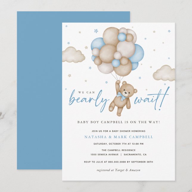 We Can Bearly Wait Boy Baby Shower Invitation (Front/Back)