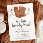 We Can Bearly Wait Boy Baby Shower Invitation<br><div class="desc">Cute bear theme baby shower featuring hand painted illustration of a cub with greenery leaves. The text says "we can bearly wait!" This invitation is great for a gender neutral shower in the fall.</div>