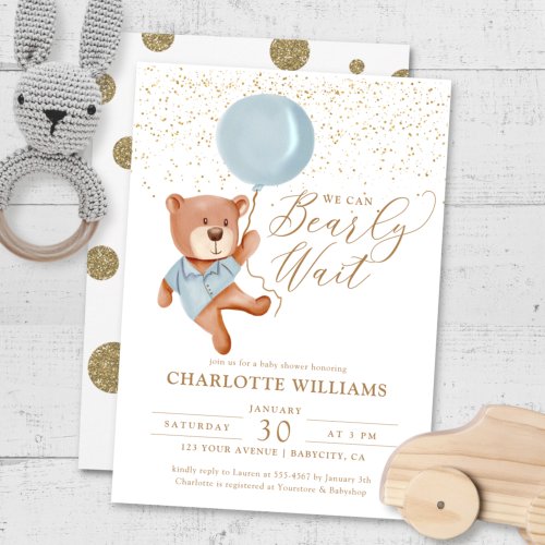 We Can Bearly Wait Boy Baby Shower  Invitation