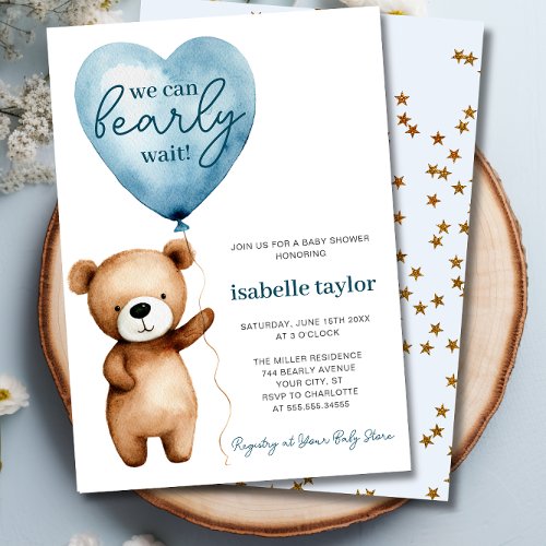 We Can Bearly Wait Boy Baby Shower Invitation